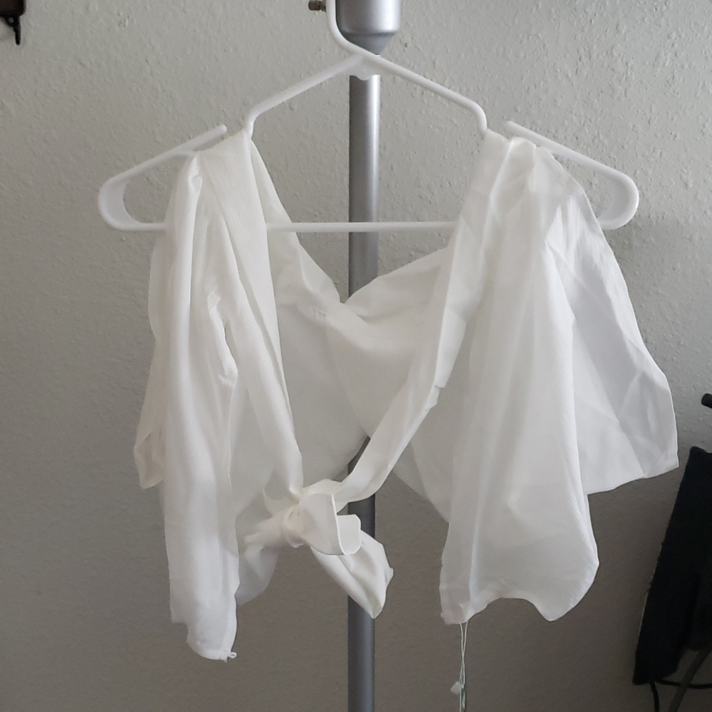 Sheer, Tie Front Crop Top w/ Sleeves